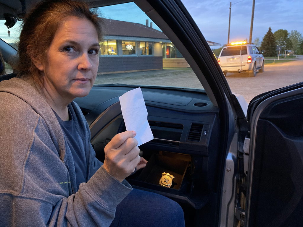 A woman holds a diner receipt beside her car while a gold service shield rests in the glove box.