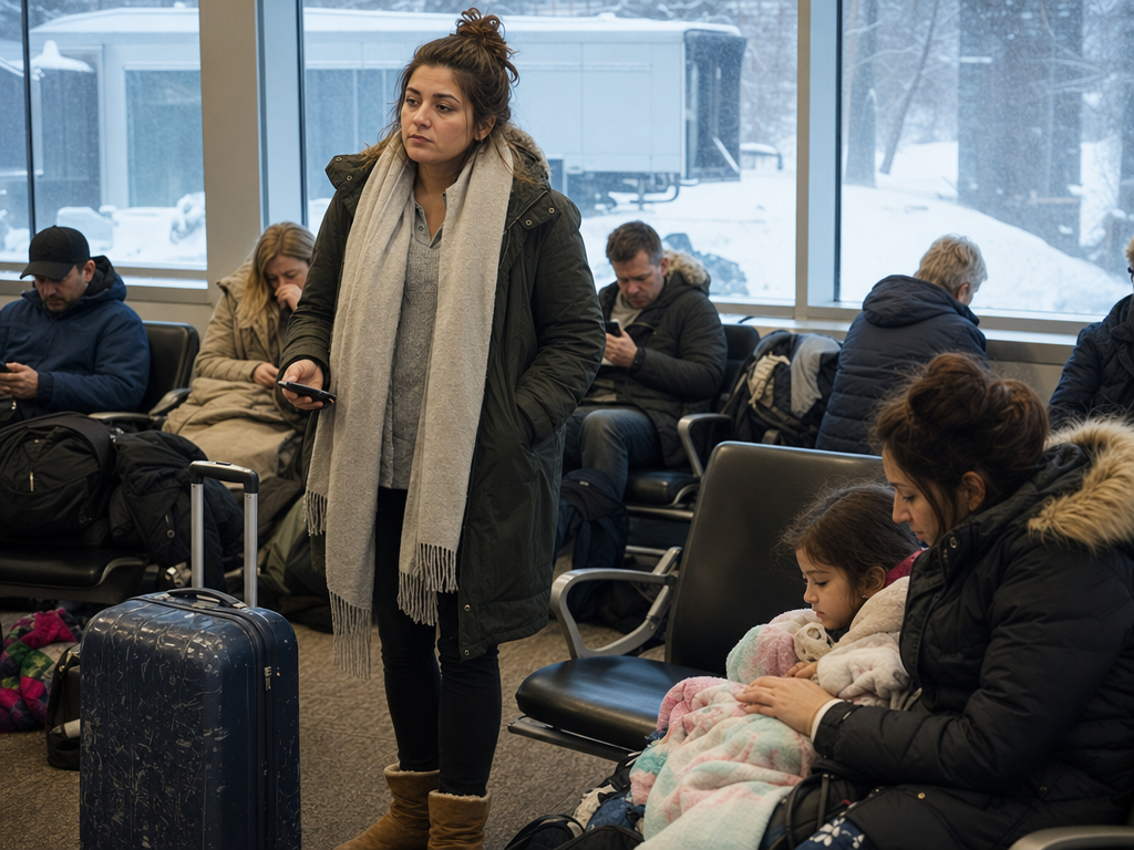 A woman stands beside her suitcase among stranded travelers at a snowy airport gate.