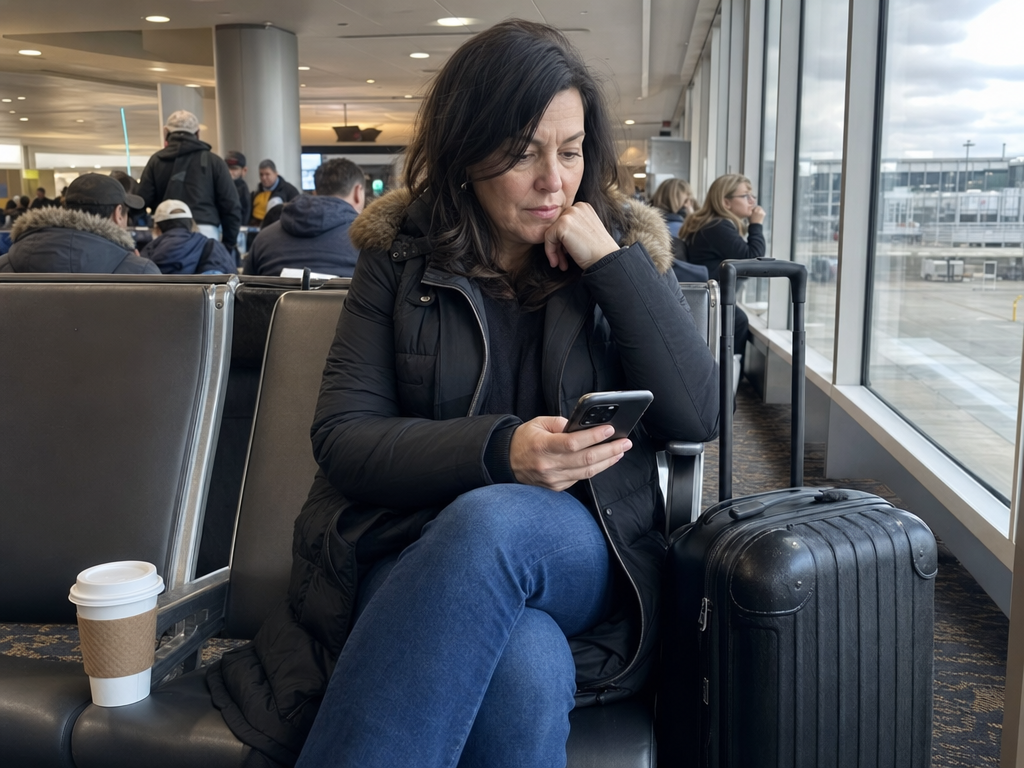 A woman waits thoughtfully beside a single suitcase in a busy airport gate area after the holidays.