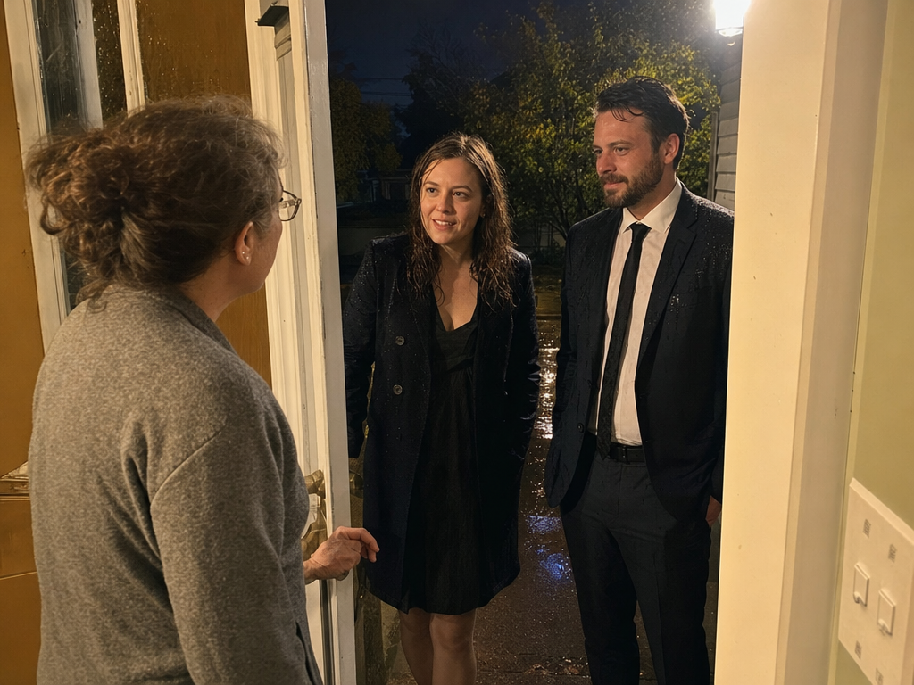 An adult woman opens the door to her adult daughter and a male friend arriving home just before midnight.