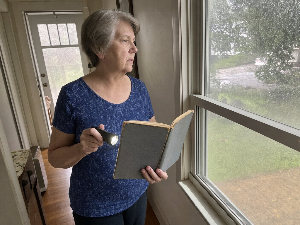 An older woman holds a flashlight and worn choir book in a dim hallway as rain strikes the window.