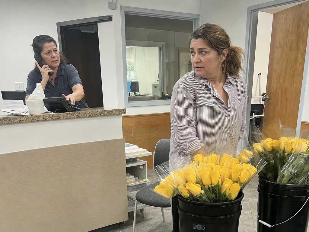 A wary woman stands beside a large delivery of yellow roses while her concerned coworker reaches for a phone.