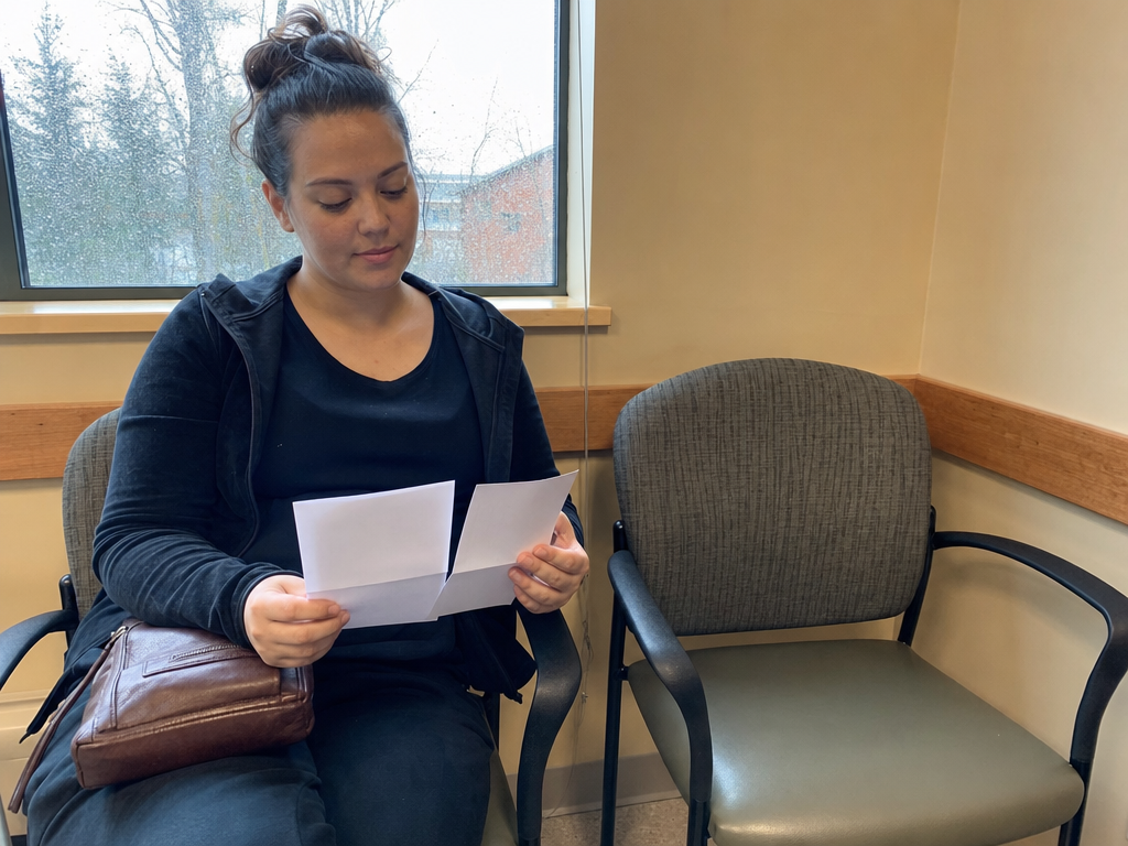 A woman holds two folded appointment cards beside an empty chair in a quiet clinic waiting room.