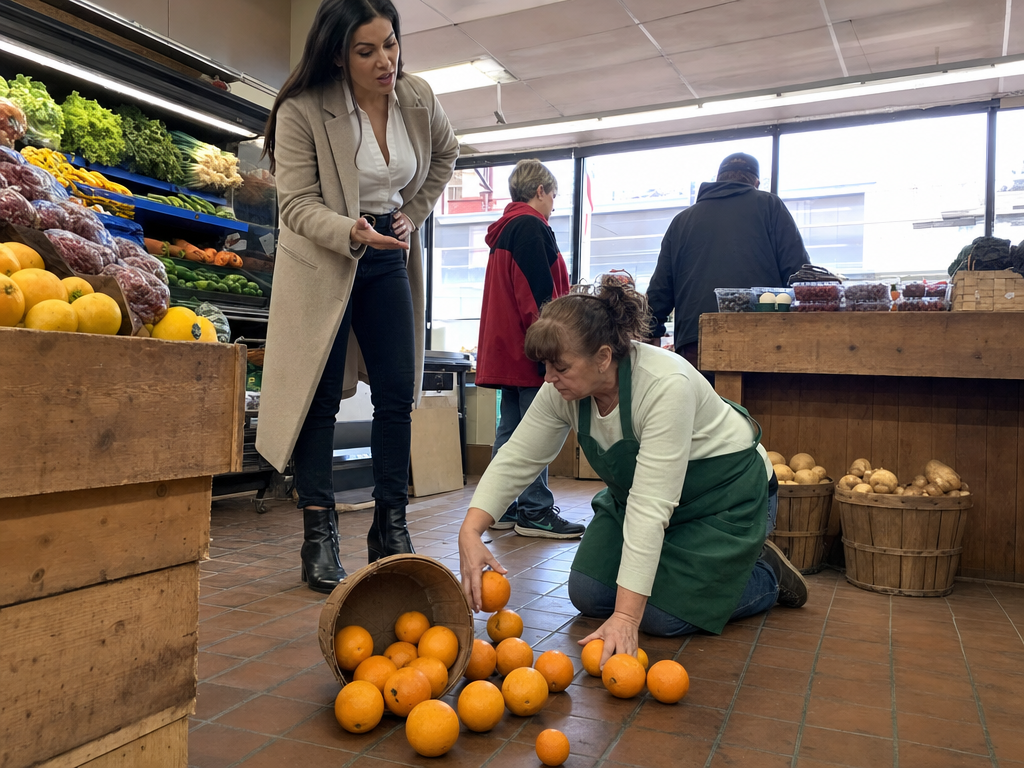 A woman in a green apron gathers spilled oranges in a busy market as a younger manager speaks to her.
