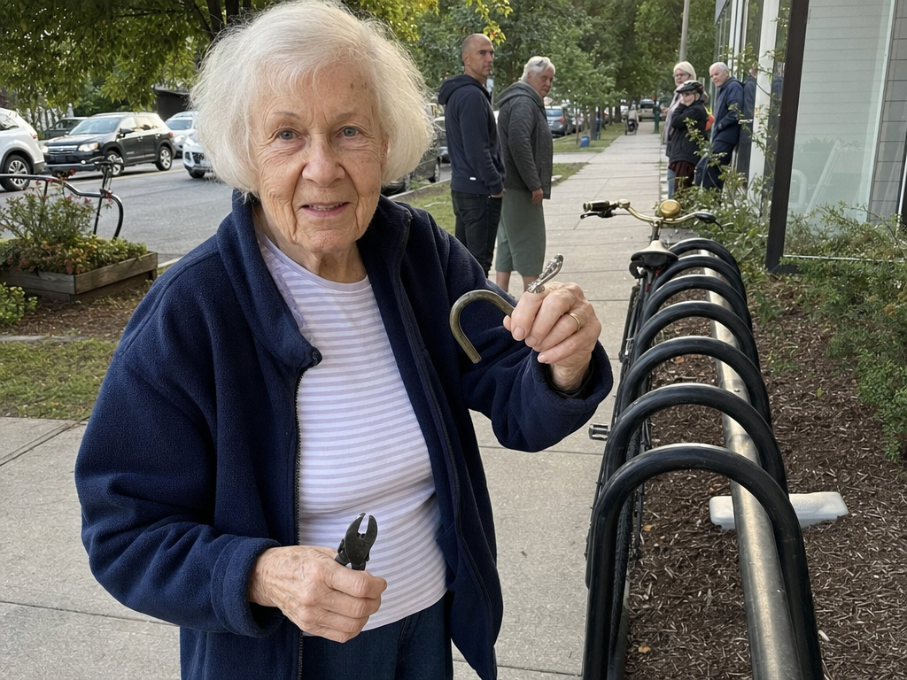 An older cyclist holds a cut lock beside the empty rack where her bicycle had been parked.