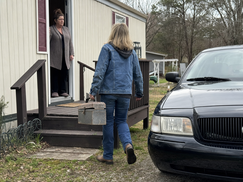 A widow watches a visitor carry her husband's worn toolbox from a black car toward their trailer.