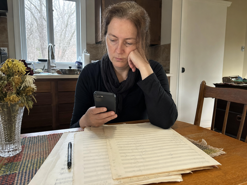 A woman sits beside a phone, worn music pages, and fading flowers at a quiet kitchen table.