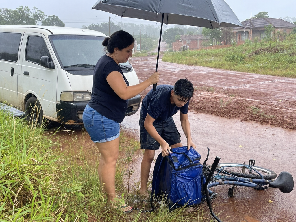 A woman shields a soaked teenage cyclist and a blue insulated bag with an umbrella on a muddy red-dirt road.