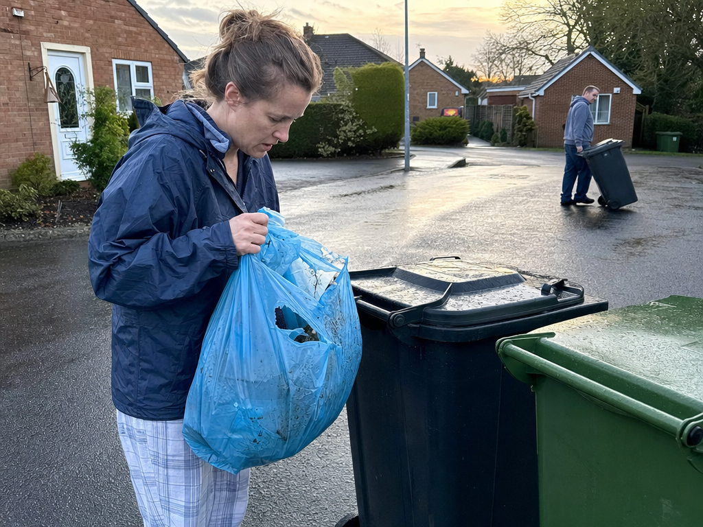 A woman examines a split blue bag beside curbside bins while a neighbor pauses nearby at dawn.