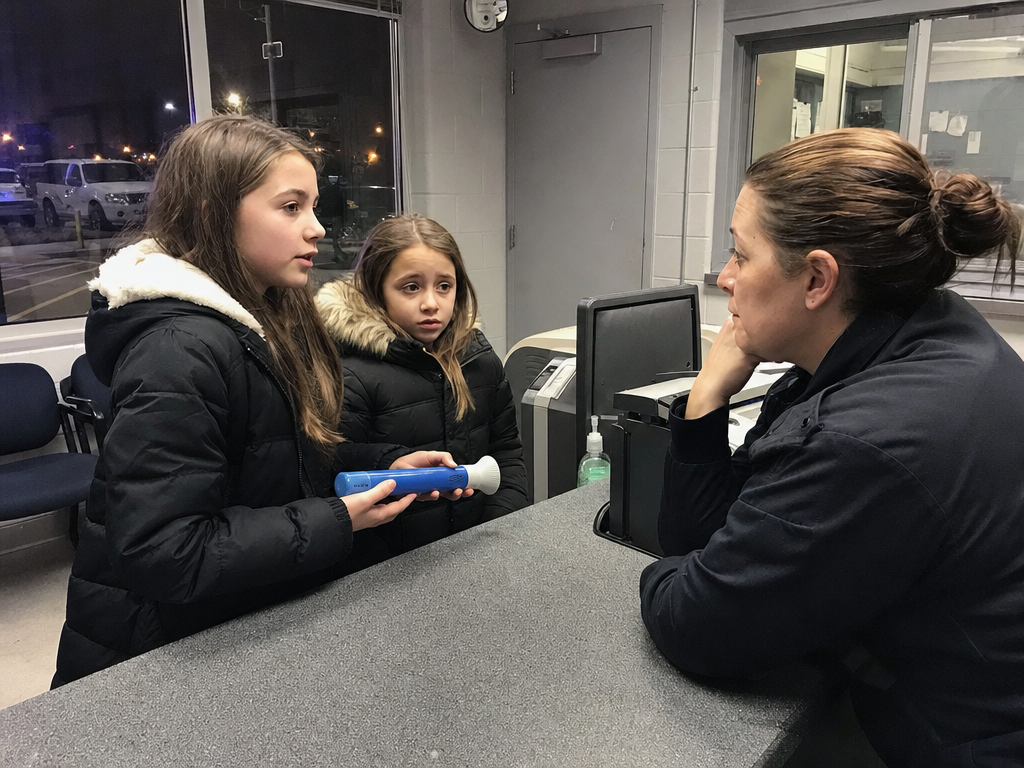 Two sisters in winter coats show a blue emergency syringe case to a police desk sergeant.