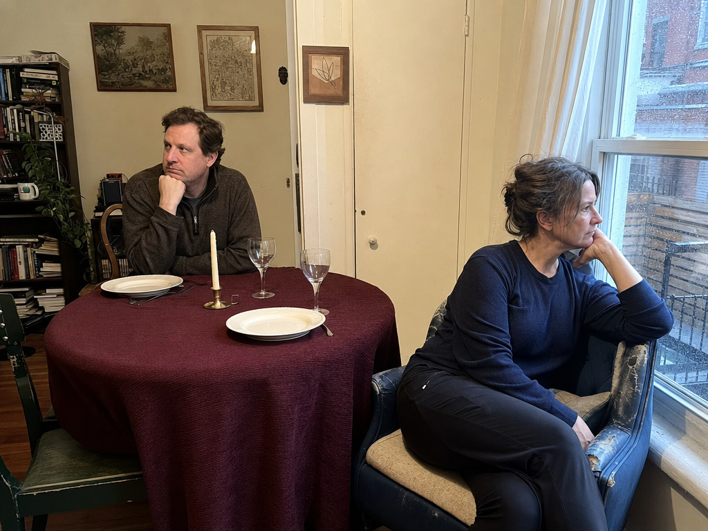A woman sits in a blue chair by a rainy window while her husband waits at their anniversary table.
