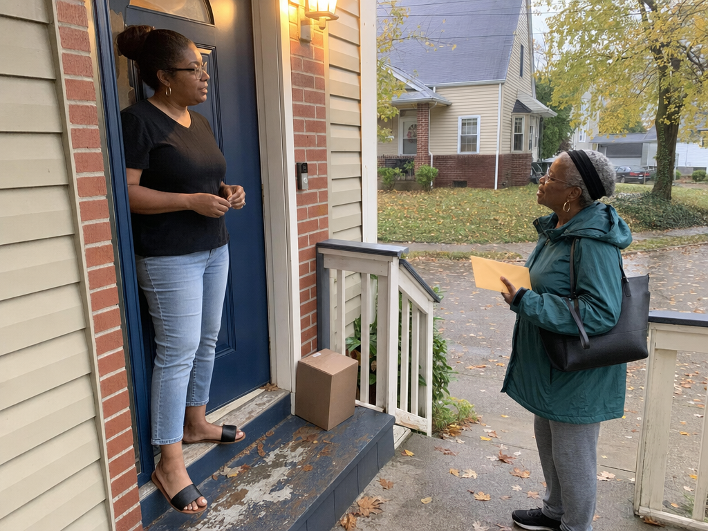 A homeowner stands beside her blue front door as an older neighbor waits on the damp maple-lined walkway.