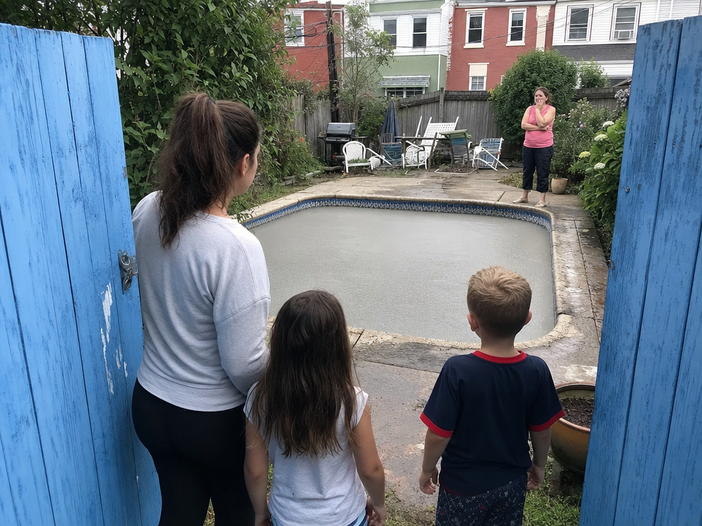 A mother and two children look through a blue gate at their concrete-filled courtyard pool.