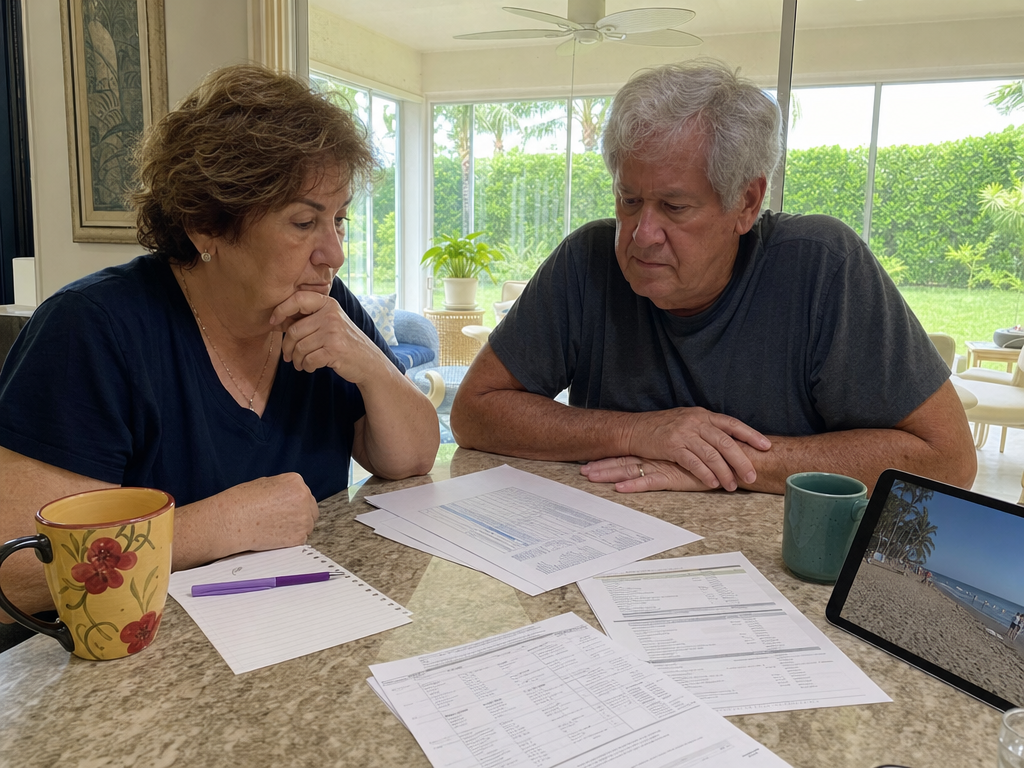 An older couple studies care schedules and bank statements with an unused garden sunroom behind them.