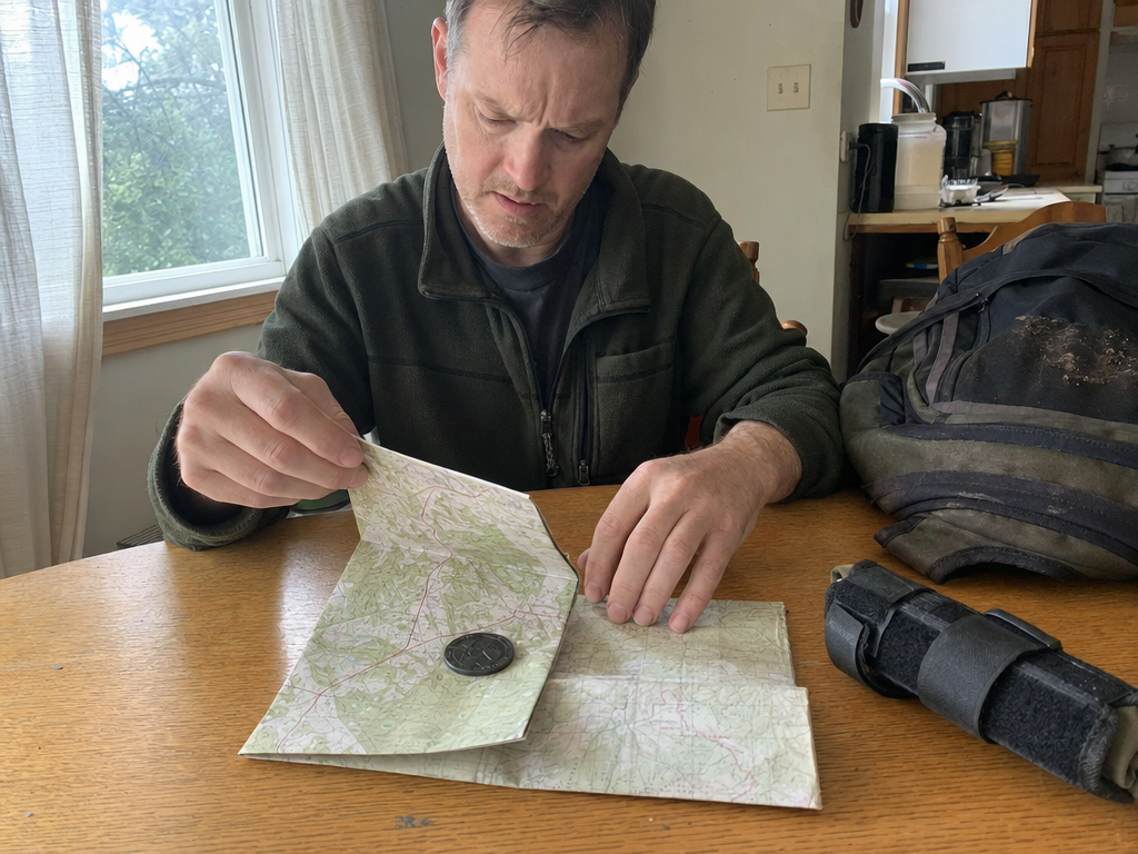 A father discovers a worn black coin beneath his daughter's folded trail map.