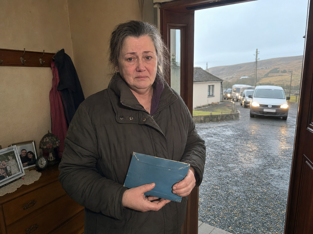 A widowed woman holds a blue envelope as a line of vans approaches her rural home.