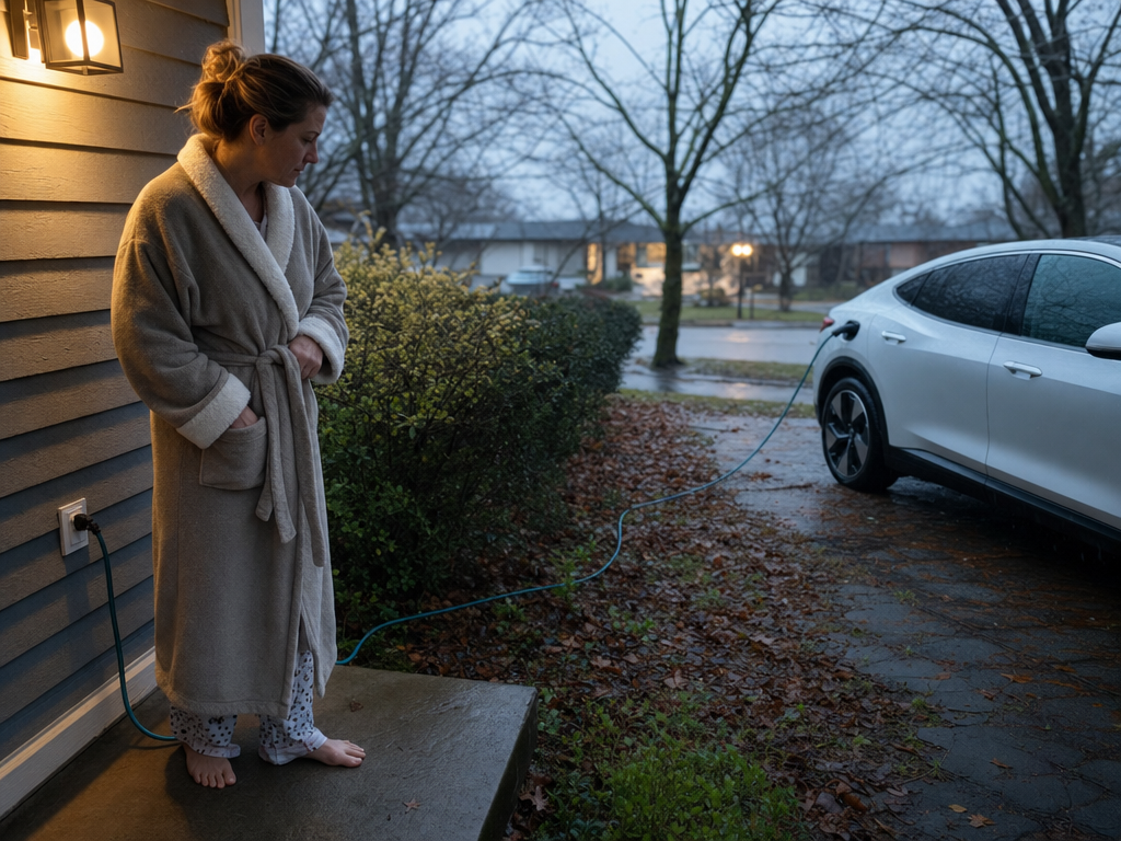 A woman discovers an extension cord running from her porch toward a neighbor's electric car at dawn.