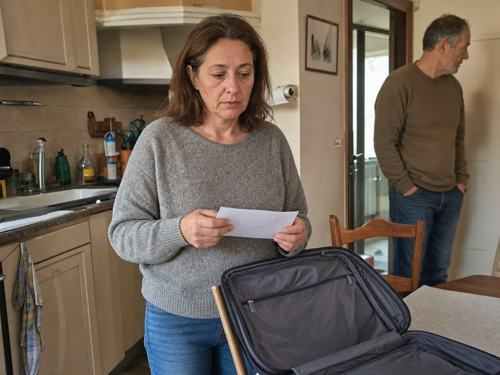 A woman holds a bank envelope beside an empty suitcase while her husband stands in the kitchen doorway.