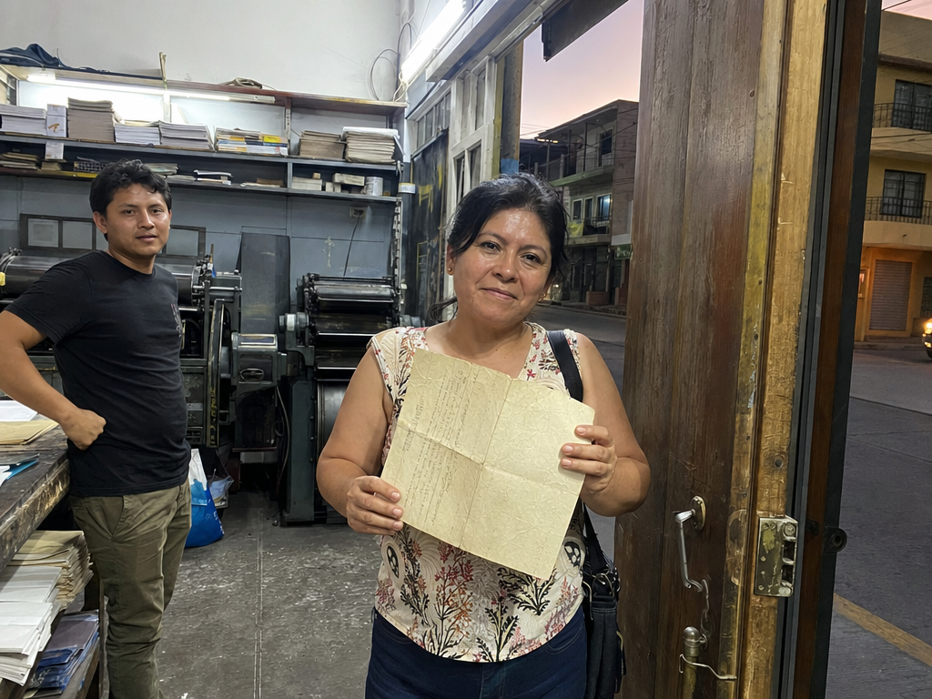 A woman holds a folded deed beside the open door of a worn neighborhood print shop.