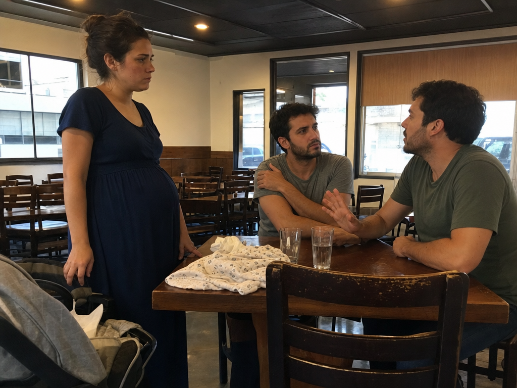 A new mother stands beside a restaurant table as her husband’s friend challenges him during a tense conversation.