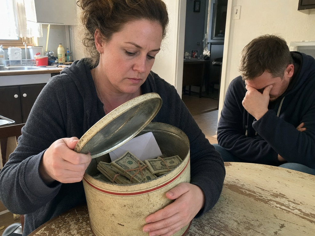 A woman opens an old flour tin containing bundled cash while her brother stands nearby in their mother's kitchen.