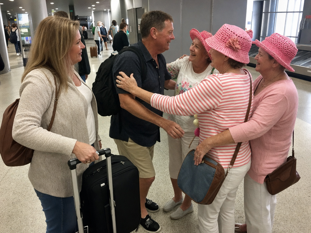 A woman watches three travelers in pink hats greet her husband beside a suitcase at an airport gate.