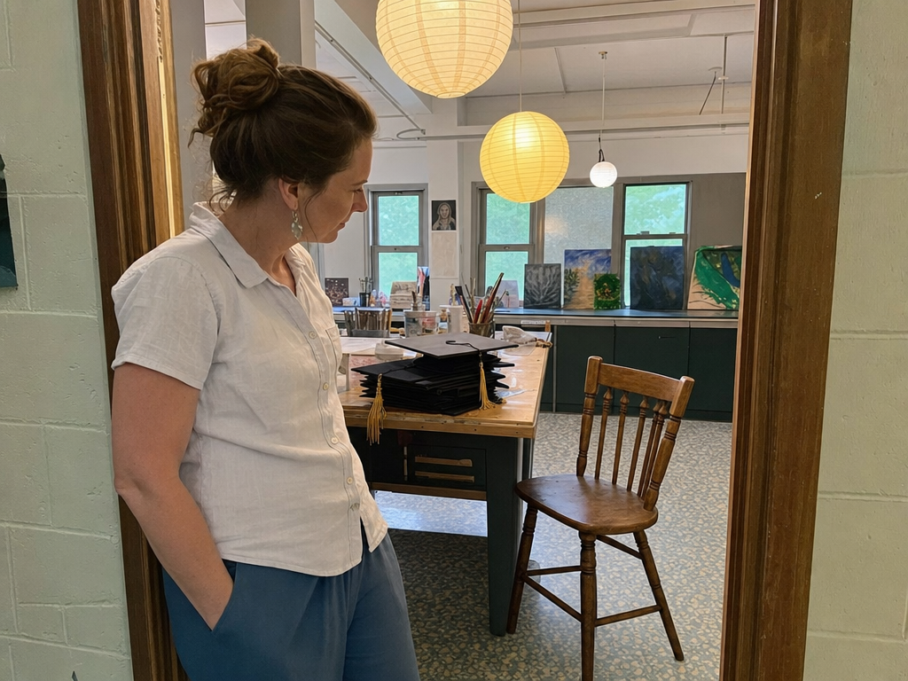An adult woman pauses before an empty chair and stacked graduation caps in a lantern-lit community art room.