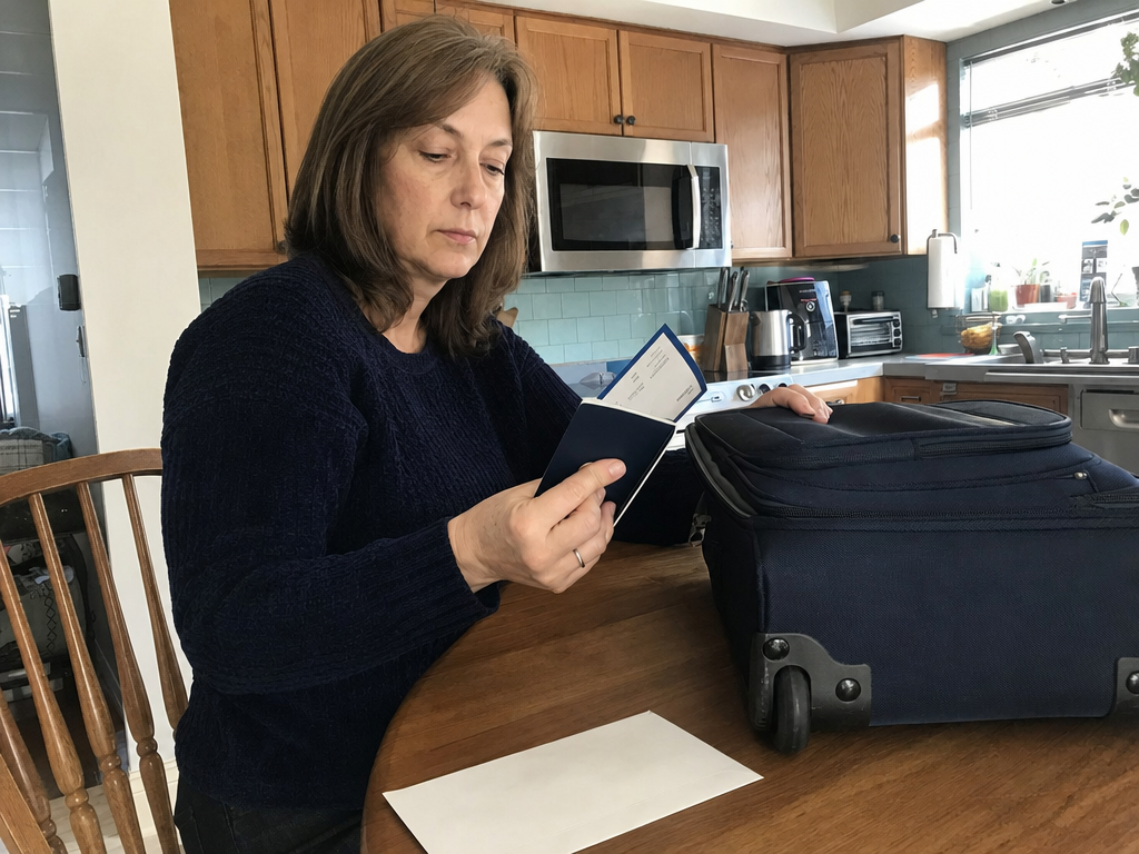 A woman stands with a passport and packed suitcase beside a face-down holiday card.