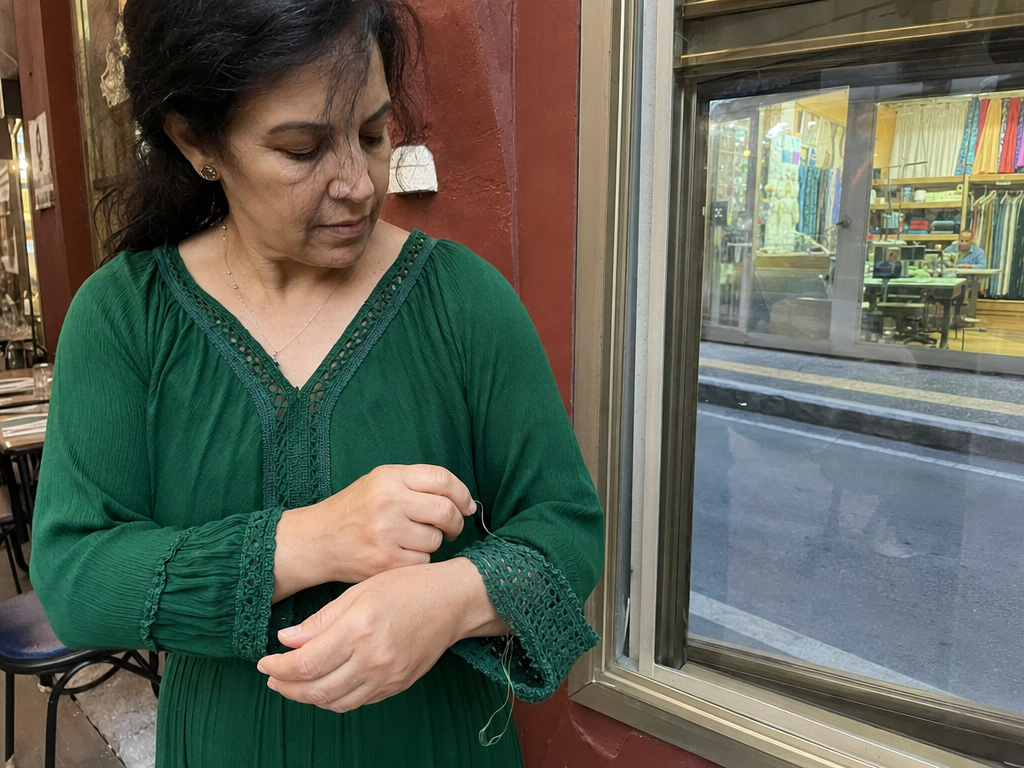A woman in a handmade green dress notices a loose thread outside a neighborhood restaurant.