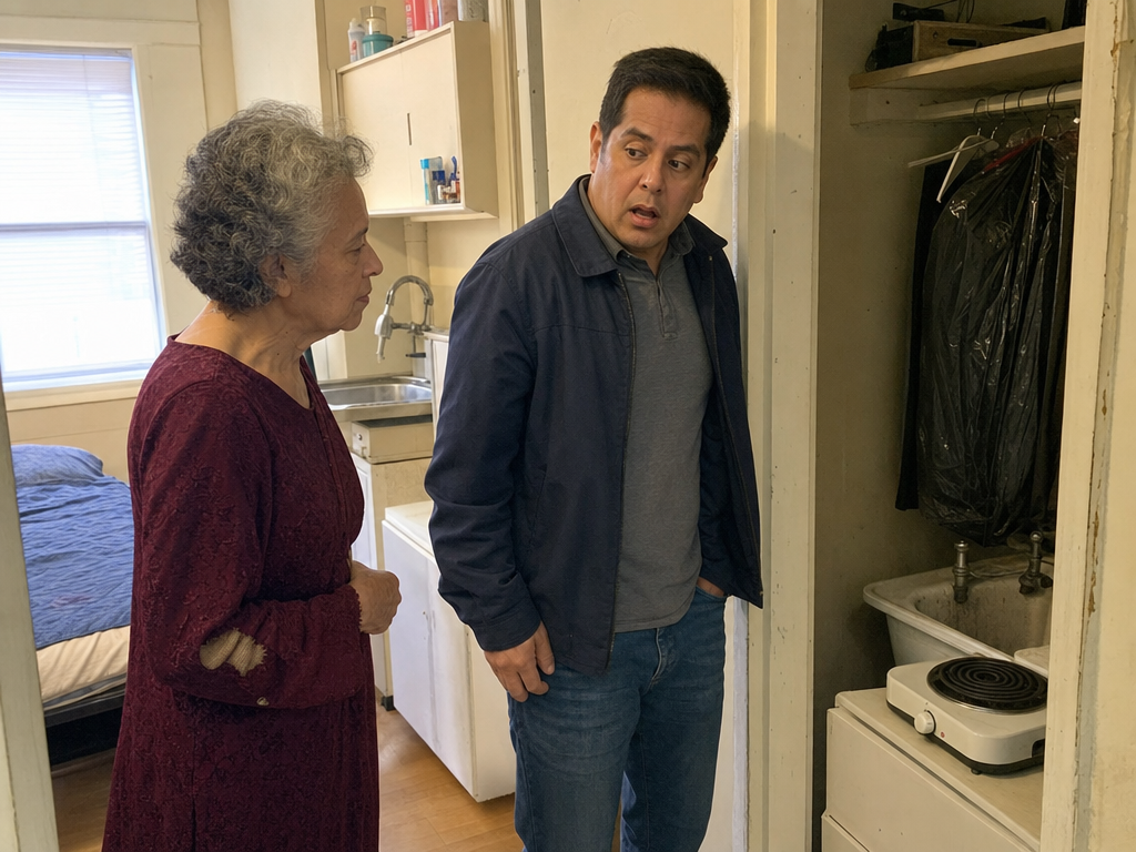 An older woman in a mended burgundy dress stands with her surprised son inside a cramped converted utility-room apartment.