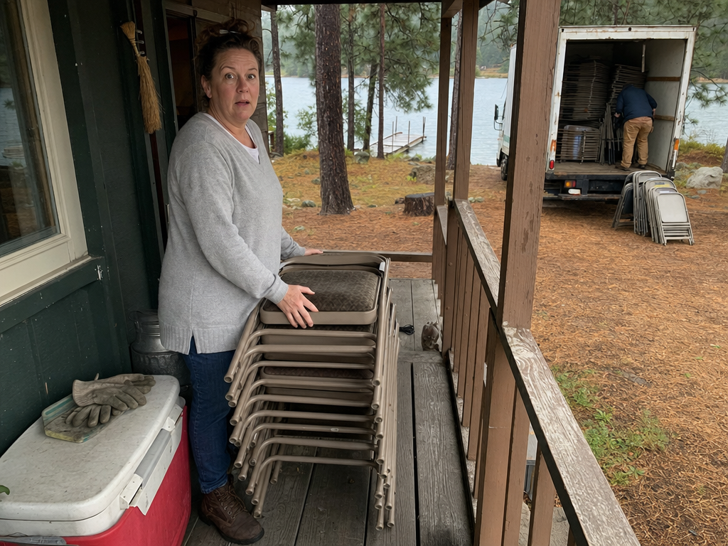 A woman stands on a weathered lake-cabin porch while folding chairs are unloaded beside the pine-lined shore.