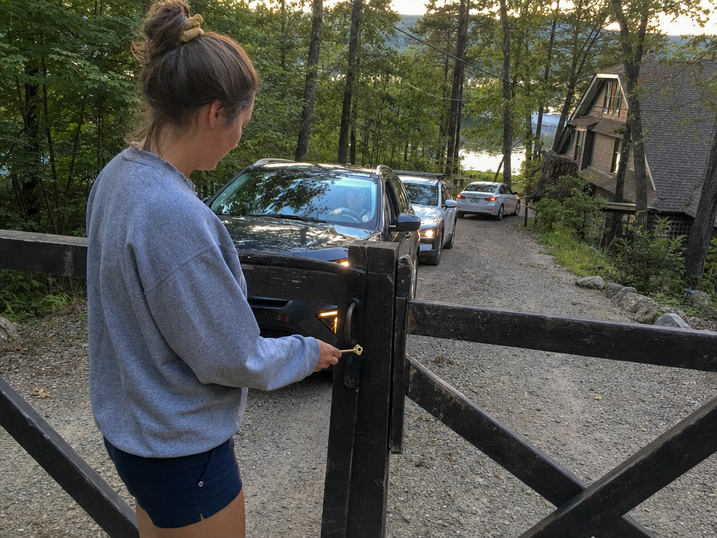 A woman holds a brass key beside a weathered lake-road gate while family cars wait behind her.