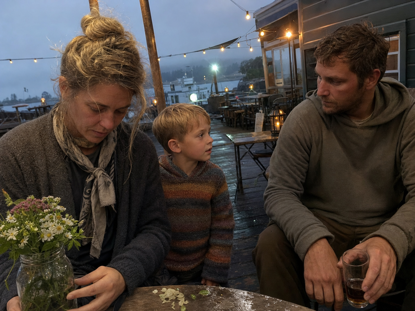 A tired woman arranges wildflowers as a young boy looks toward a seated man on a rain-damp harbor deck beneath string lights.