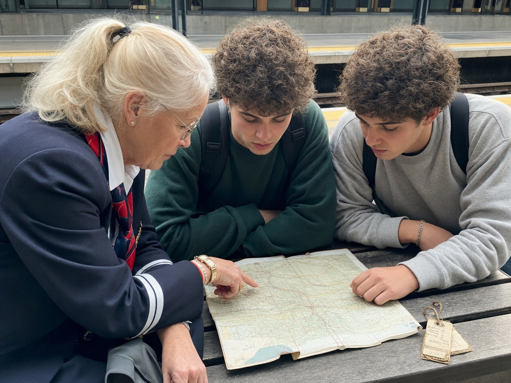 A retired flight attendant and young adult twins study an old transit map on a station bench.