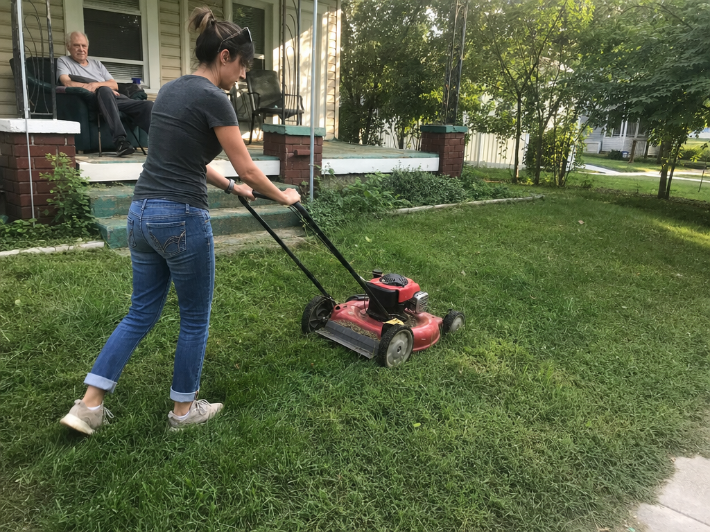 A woman mows an older neighbor's lawn while he watches from his porch across Maple Court.