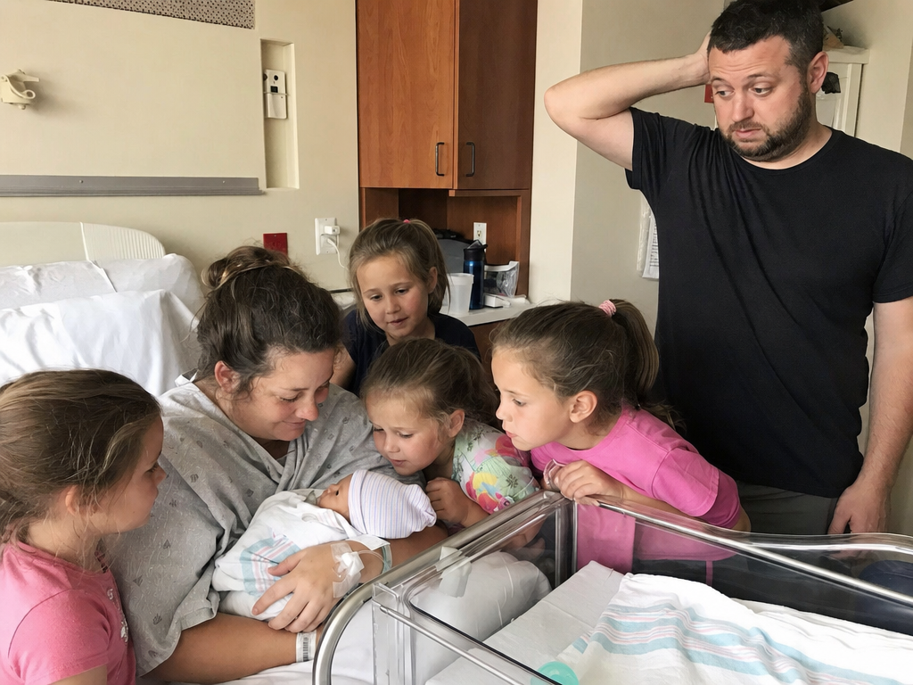 A mother holds her newborn as four sisters gather beside the hospital bassinet and their father looks on.
