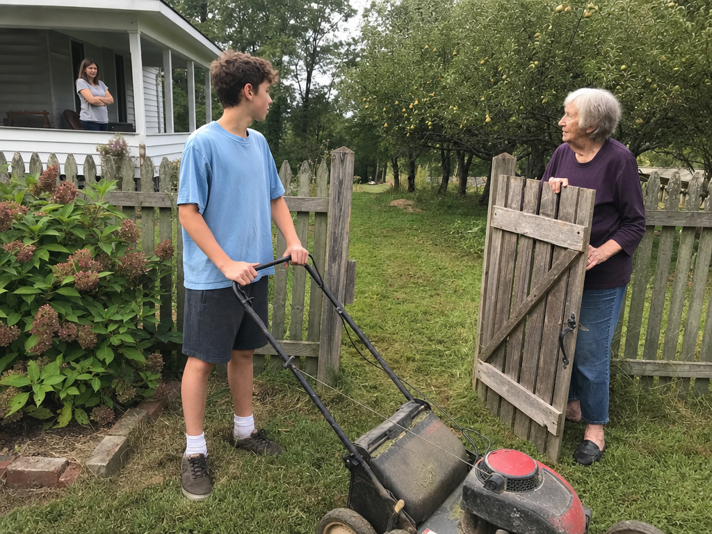 A teenage boy pauses with a push mower at a weathered gate leading into a small pear orchard.