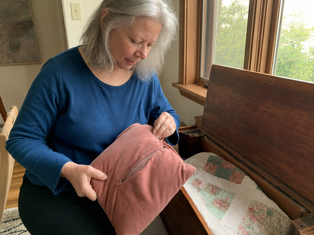 An older woman opens a window seat while holding a faded cushion with a loosened seam.