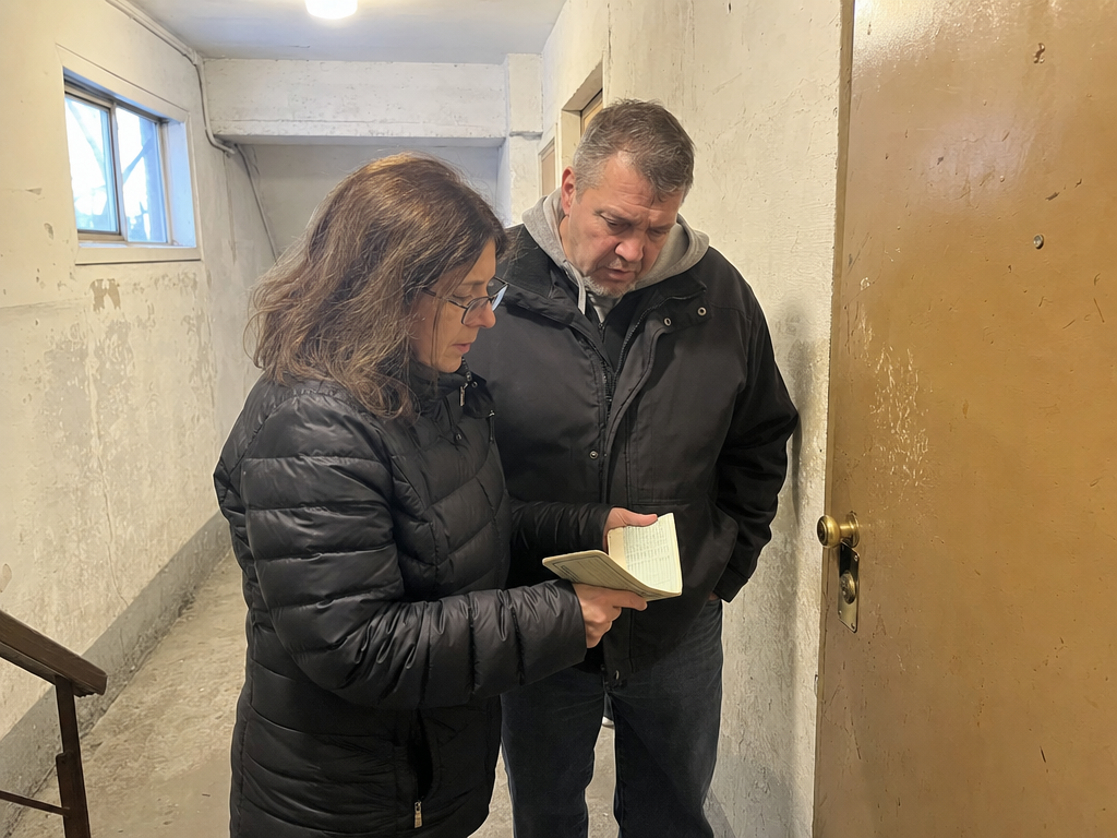 A woman holding a ledger stands with her husband before a worn brass basement door.