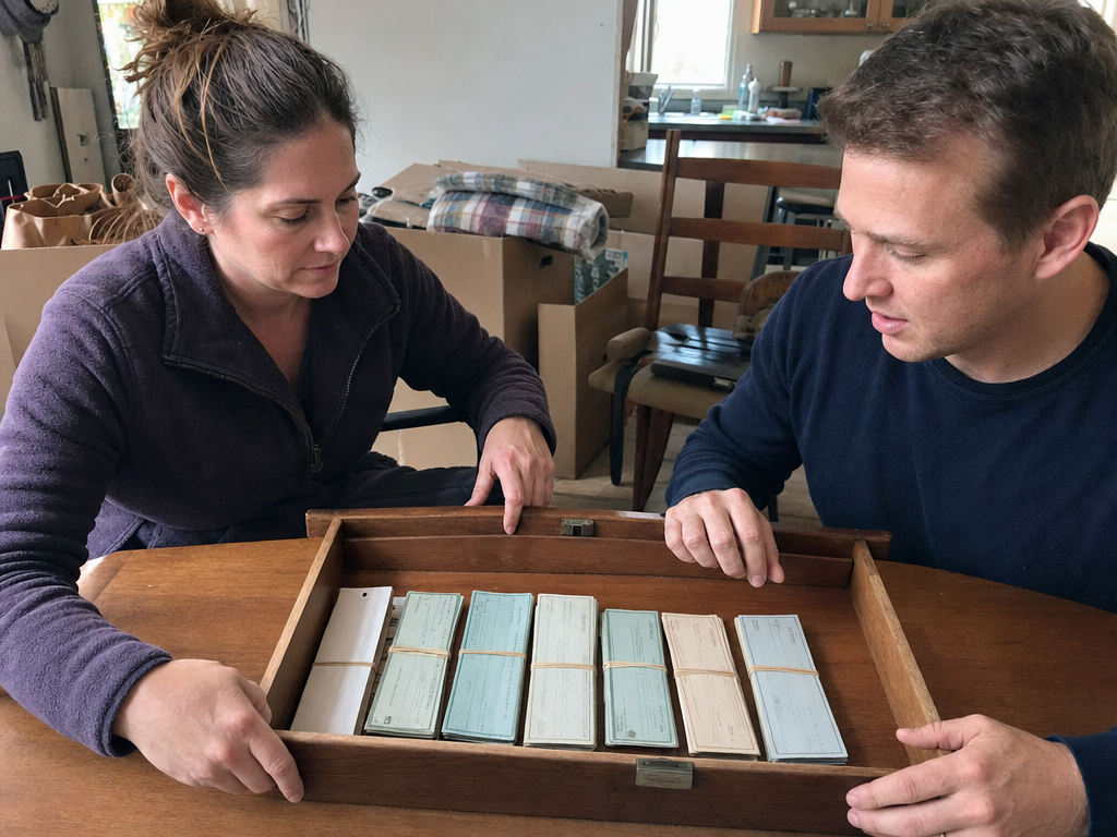 A sister and brother discover seven bundled checks inside an old cedar desk drawer.