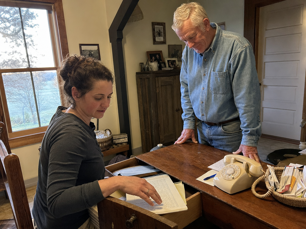 A woman studies a ledger from a cedar drawer while a relative stands across a farmhouse desk.