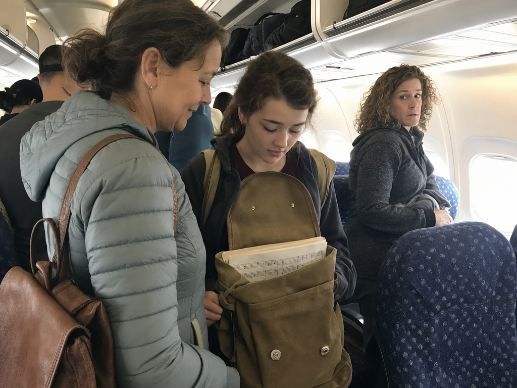 A mother and teenage daughter stand in an airplane row with an open backpack of music pages beside another passenger.