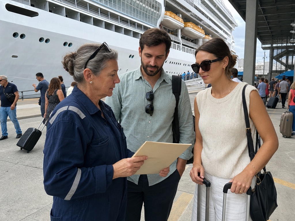 An older marine engineer meets her son and daughter-in-law with luggage at a crowded cruise terminal.