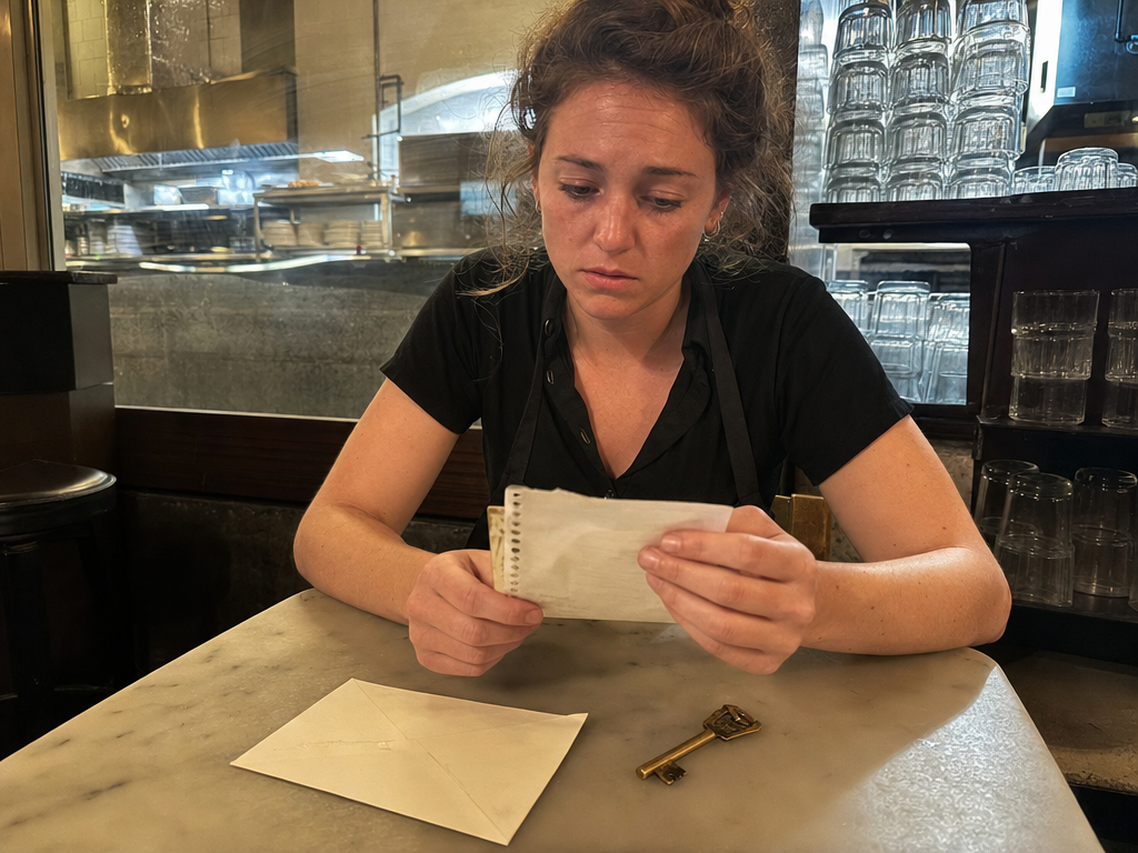 A restaurant server studies a receipt, an envelope, and a brass kitchen key after dinner service.
