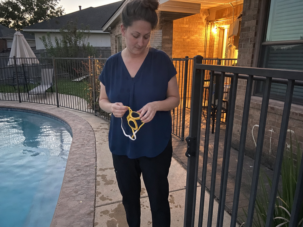 A woman holds yellow swim goggles beside a fenced backyard pool under a glowing porch light.