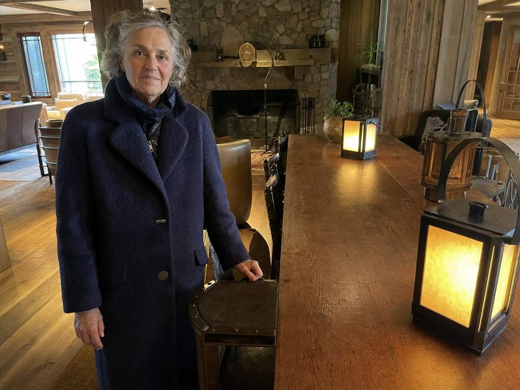 An older woman in a navy coat stands beside an empty chair at a lantern-lit wooden table.
