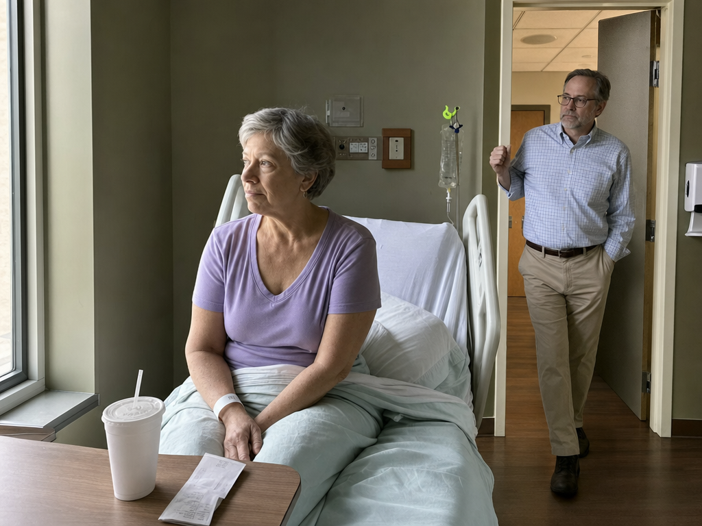 An older woman sits beside a hospital window as a casually dressed doctor pauses in her doorway.